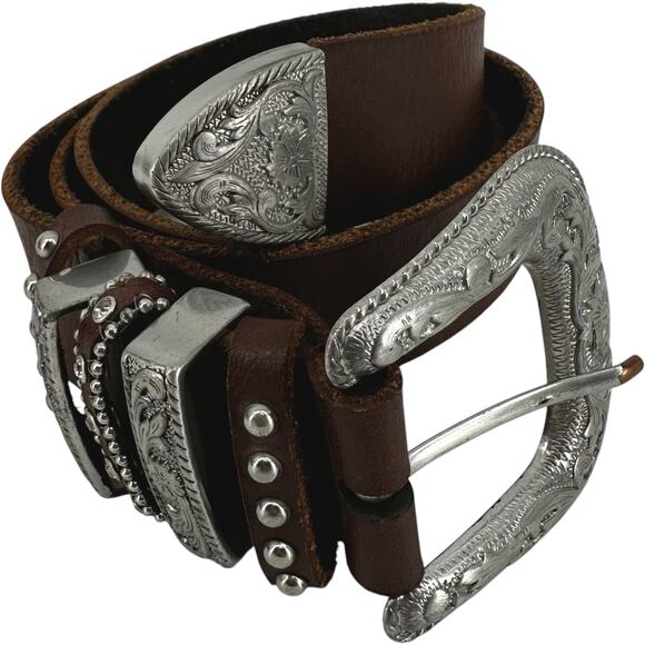 Nocona Multikeeper Belt Full Grain Leather Studded Dark Brown Silver M 32/34\